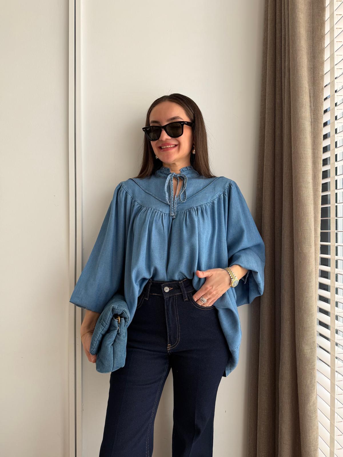 Açık mavi Yaka Bağlamalı Oversize Denim Gömlek 0371