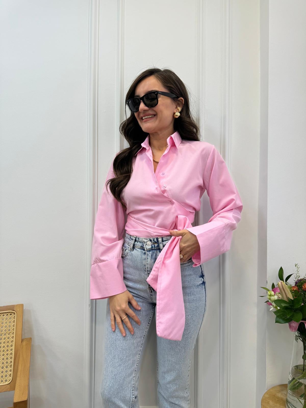 Açık pembe Geniş Manşetli Tasarım Gömlek 502