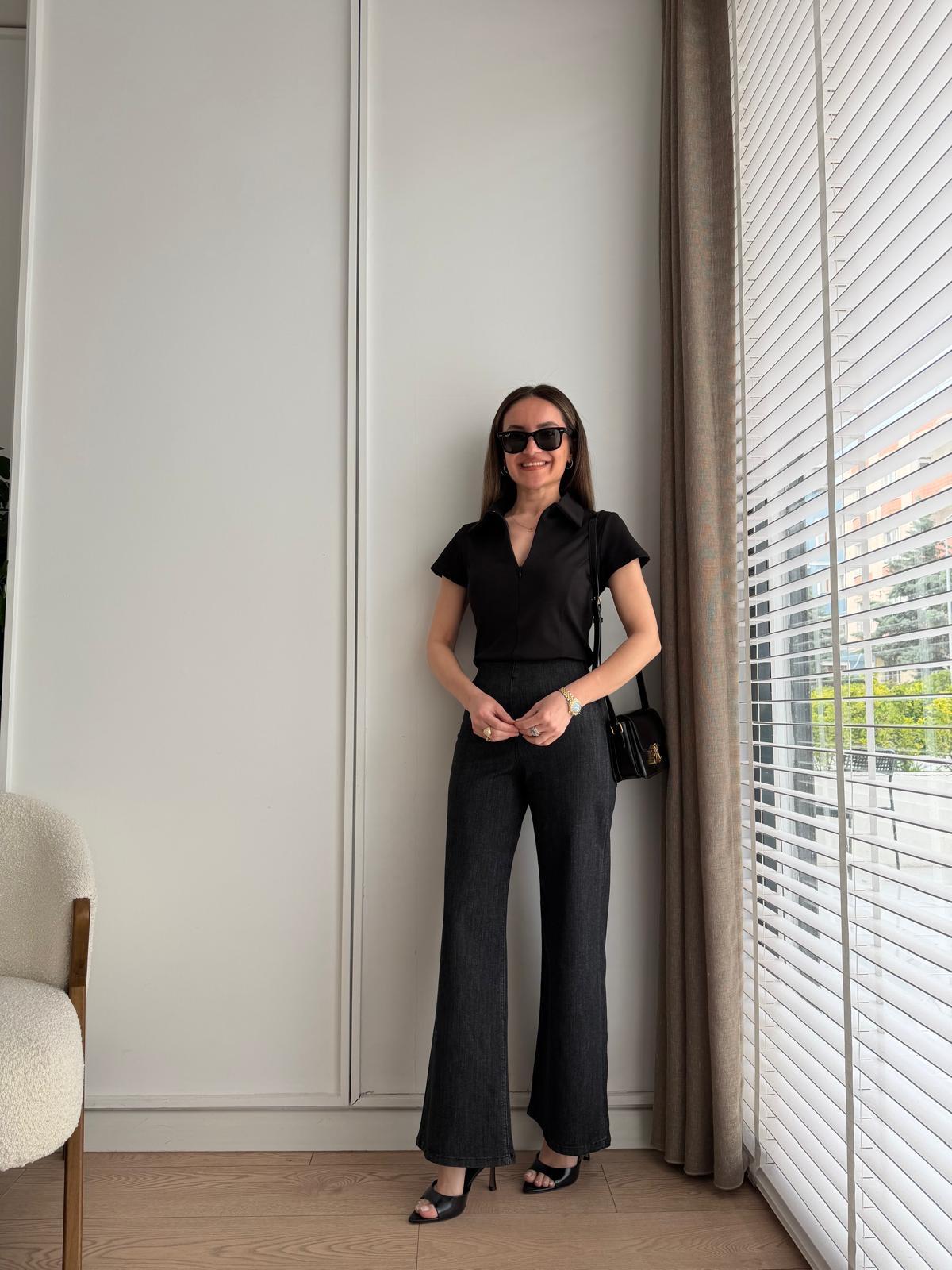 Antrasit Bel Lastikli Pens Detaylı Wide Leg Jean 109