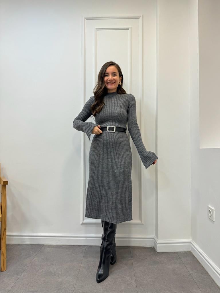 Antrasit Bisiklet Yaka Bilek Yırtmaçlı Midi Boy Elbise 2412