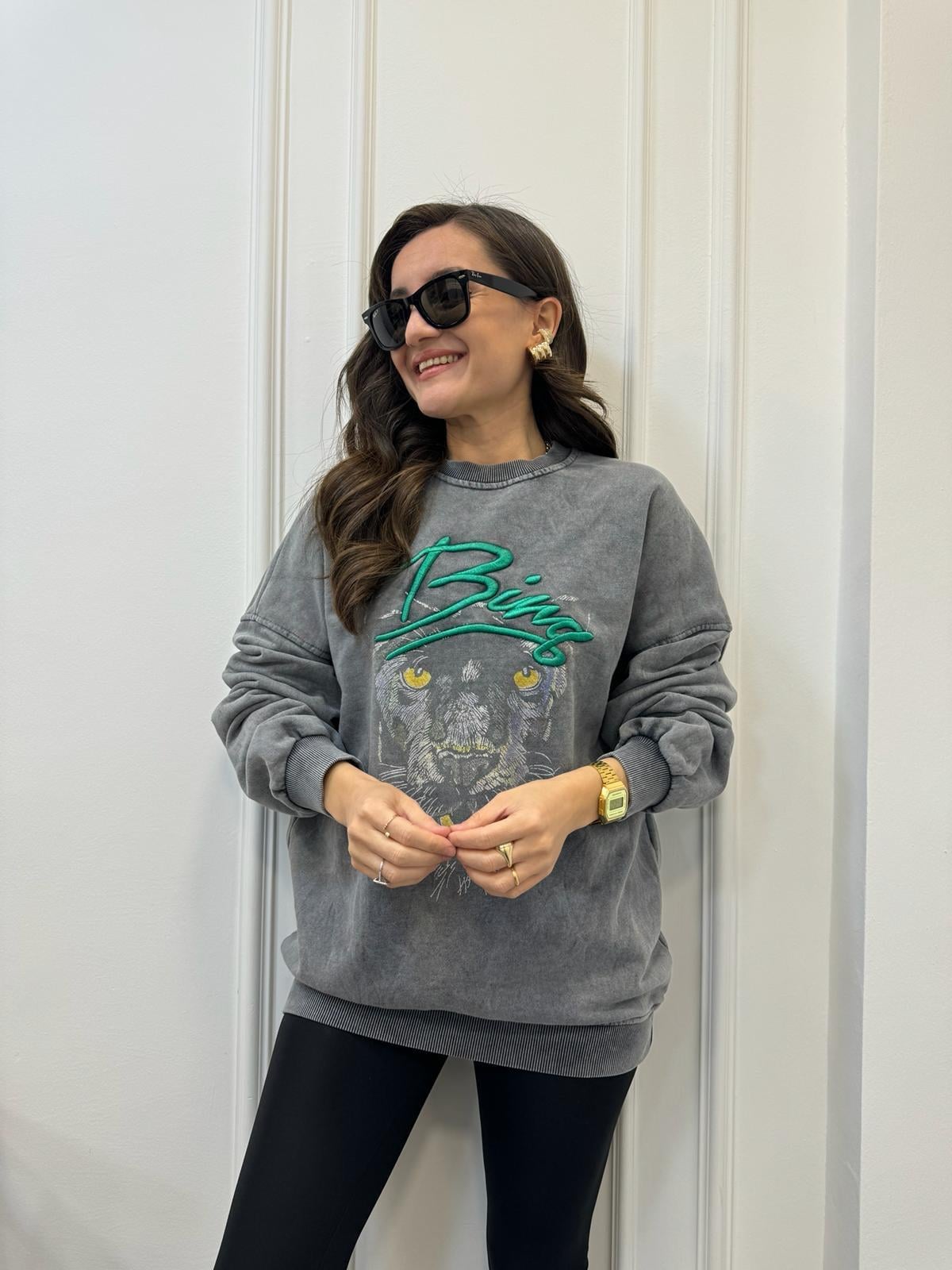 Antrasit Önü Renkli Aslan Baskılı Sweatshirt 0070