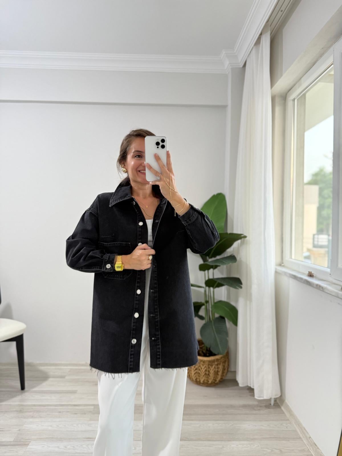 Antrasit Sırt Nakış Detaylı Denim Ceket 6025