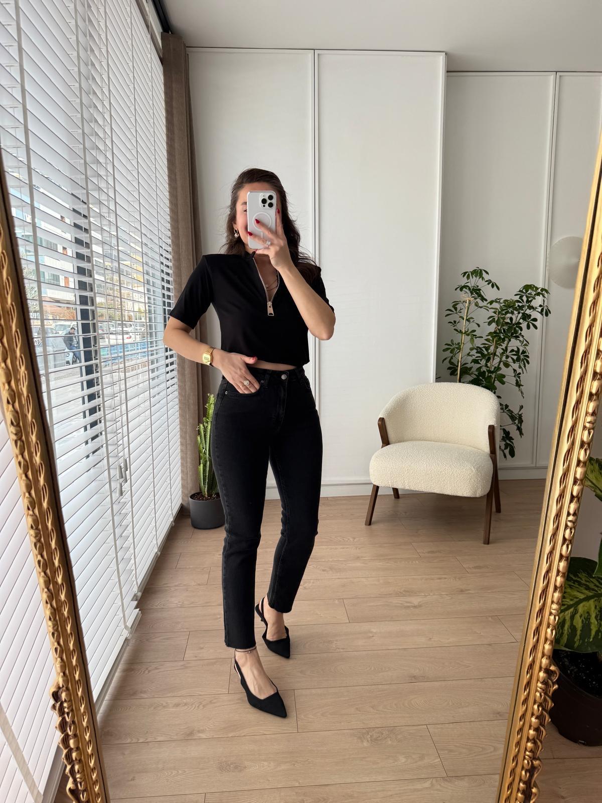 Antrasit Yüksek Bel Full Likralı Paçası Kesik Mom Jean 0764