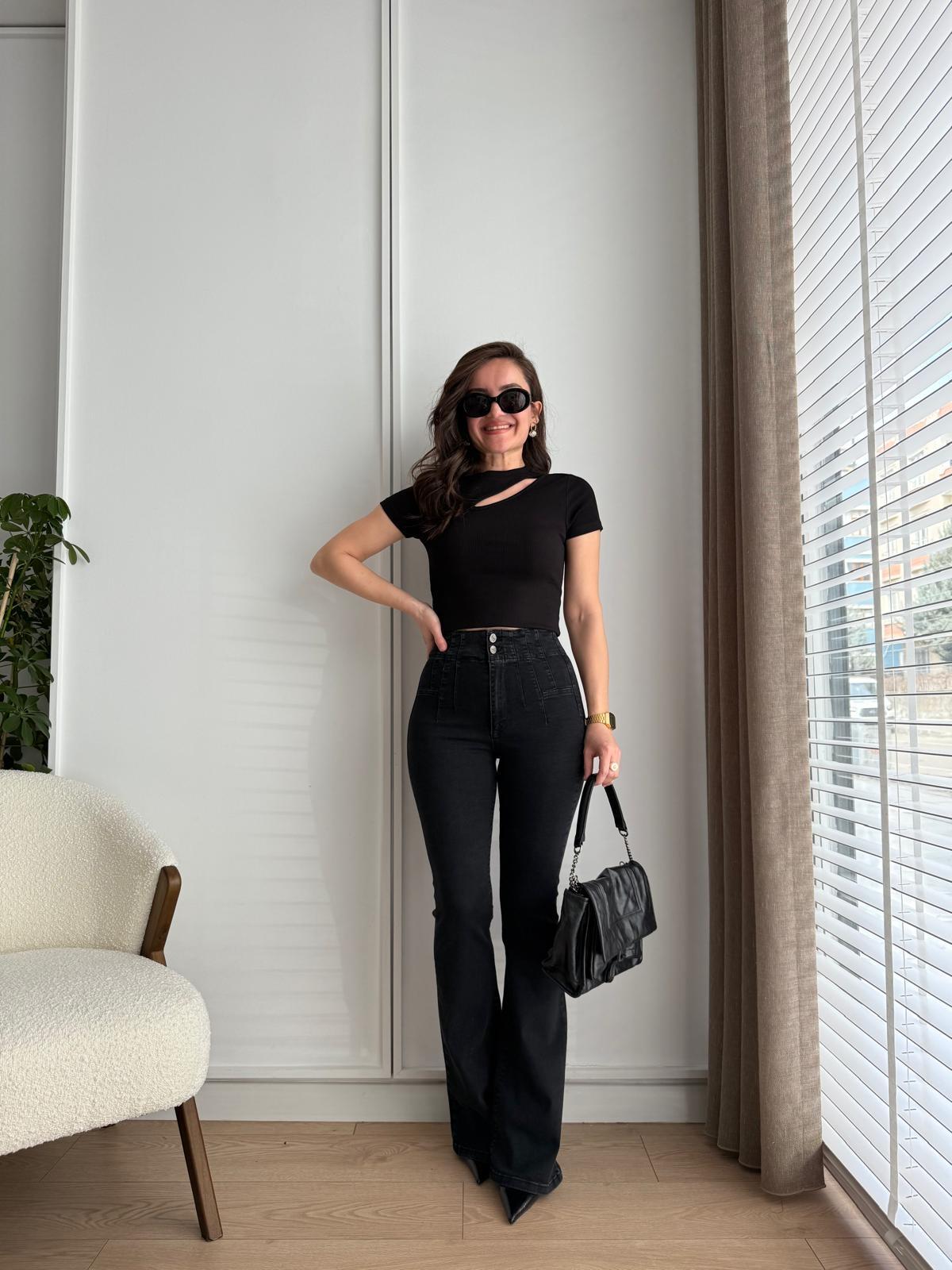 Antrasit Yüksek Bel Pensli İspanyol Paça Jean 7021