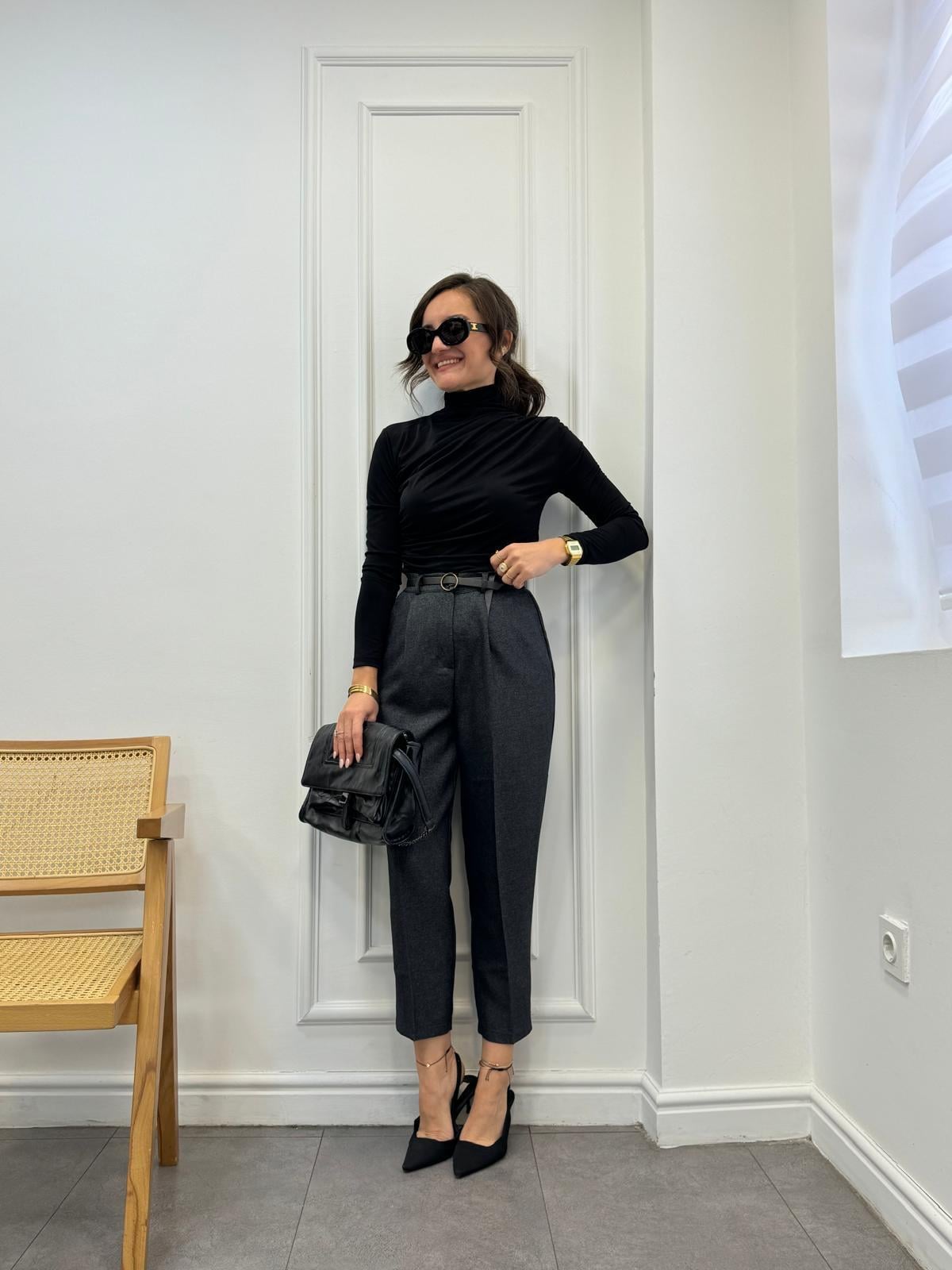 Antrasit Yün Efekt Kemerli Lastikli Kumaş Pantolon 0651