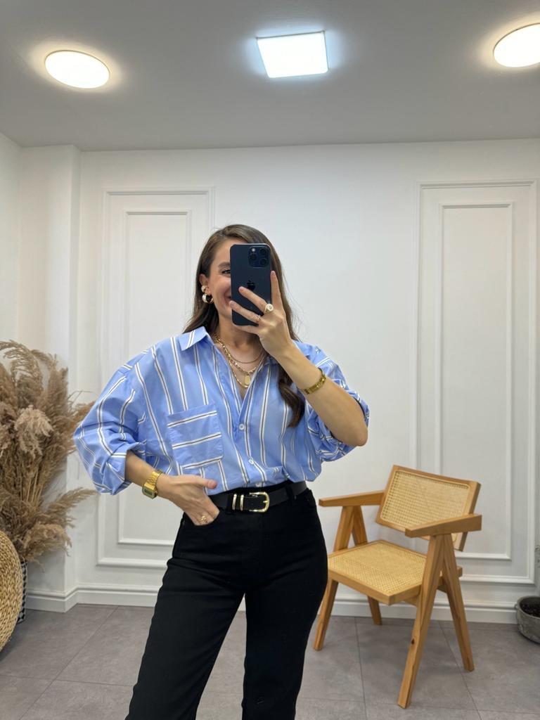 Bebe Mavisi Çizgili Oversize Tek Cep Gömlek 3067