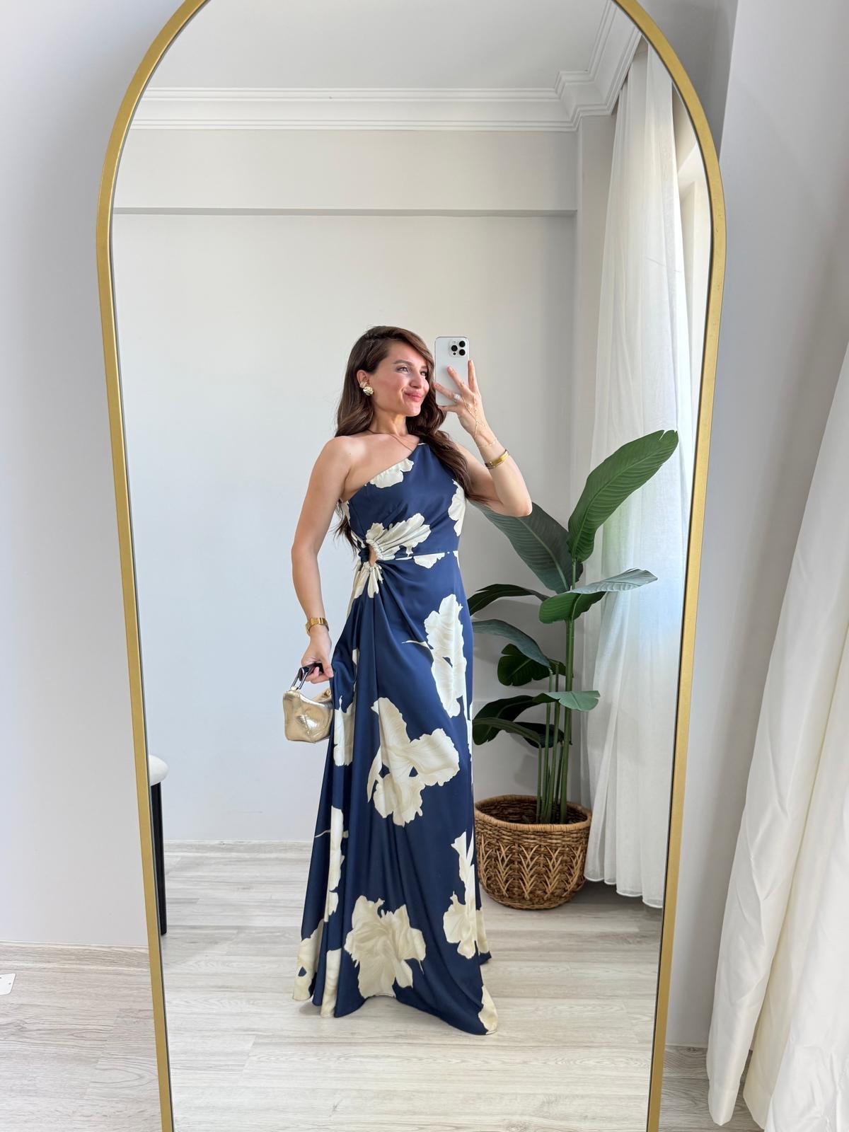 Bej Desenli Bel Dekolteli Tek Omuz Elbise 5956