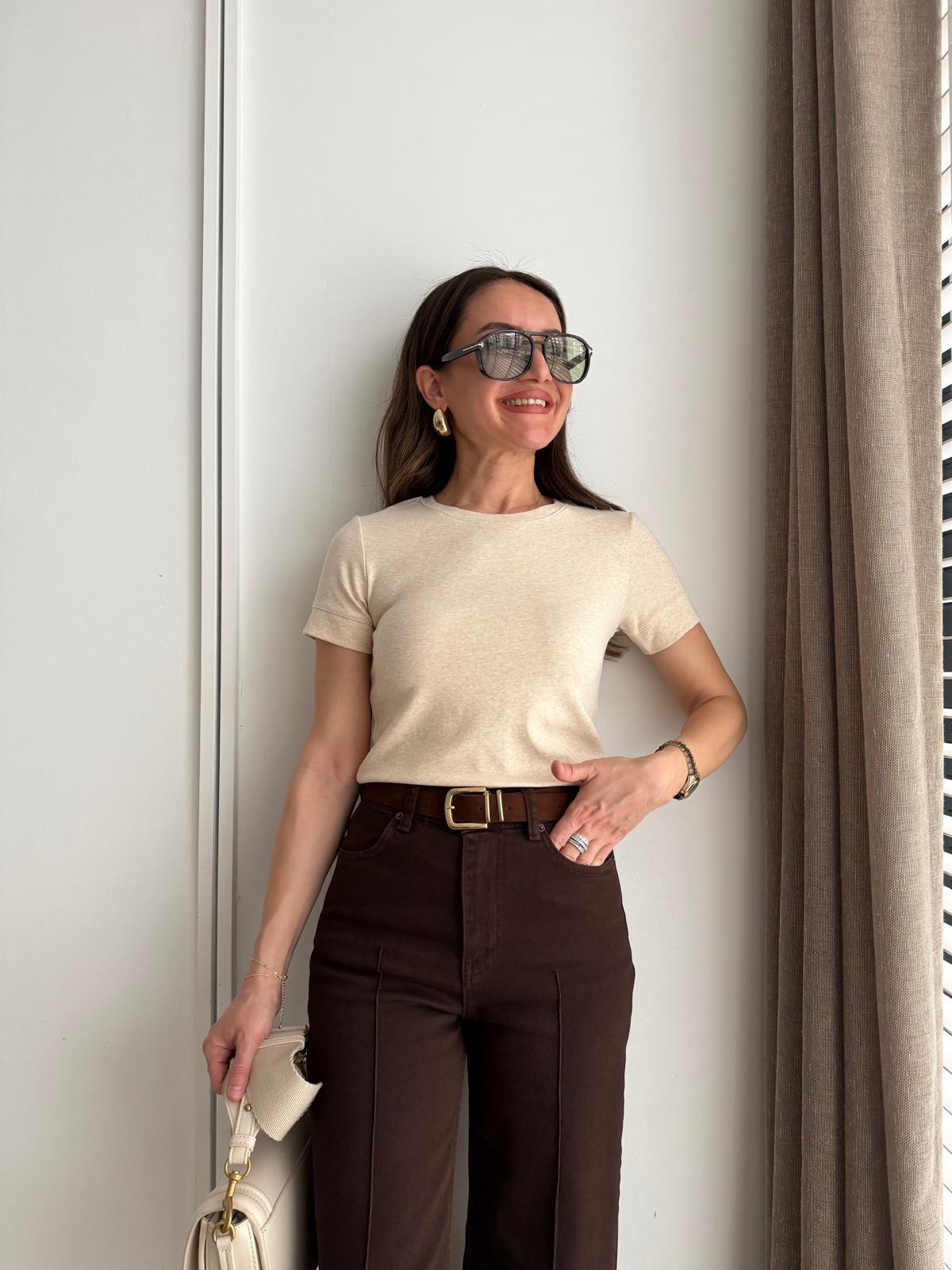 Bej Kısa Kolu Basic Tshirt 32637