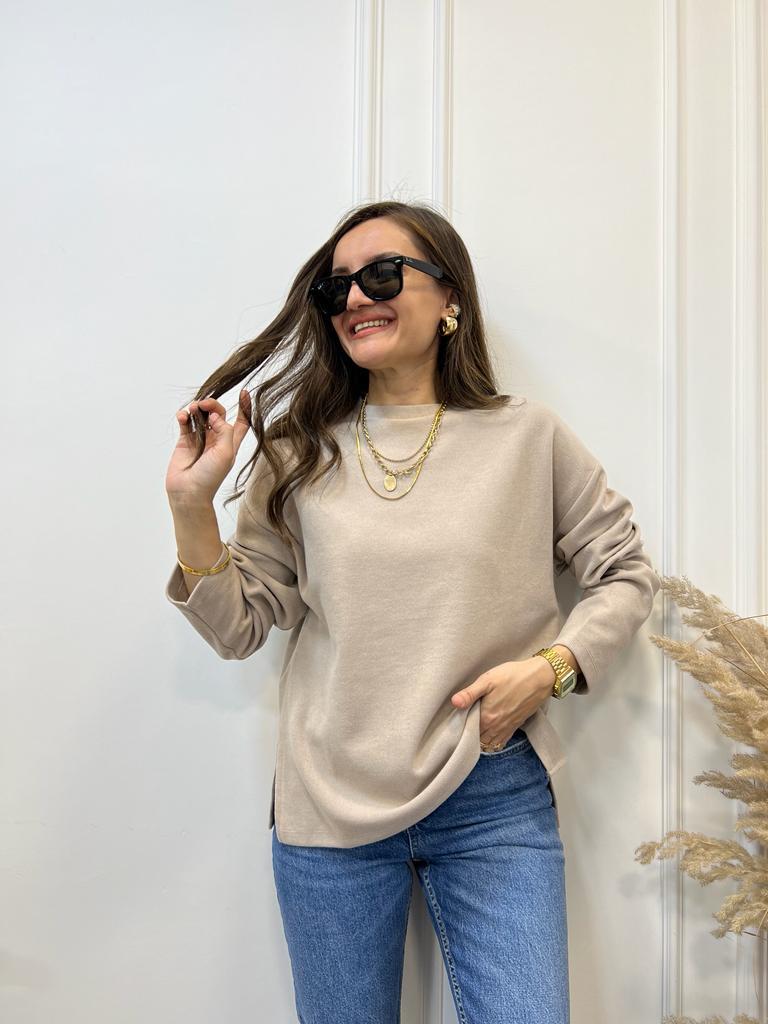 Bej Orijinal Marka Bisiklet Yaka Sweatshirt 2639