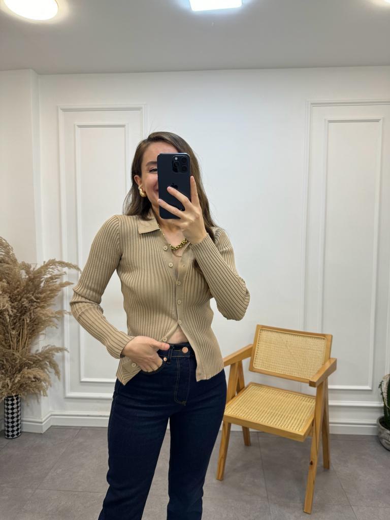 Bej Polo Yaka Fitilli Hırka 0701