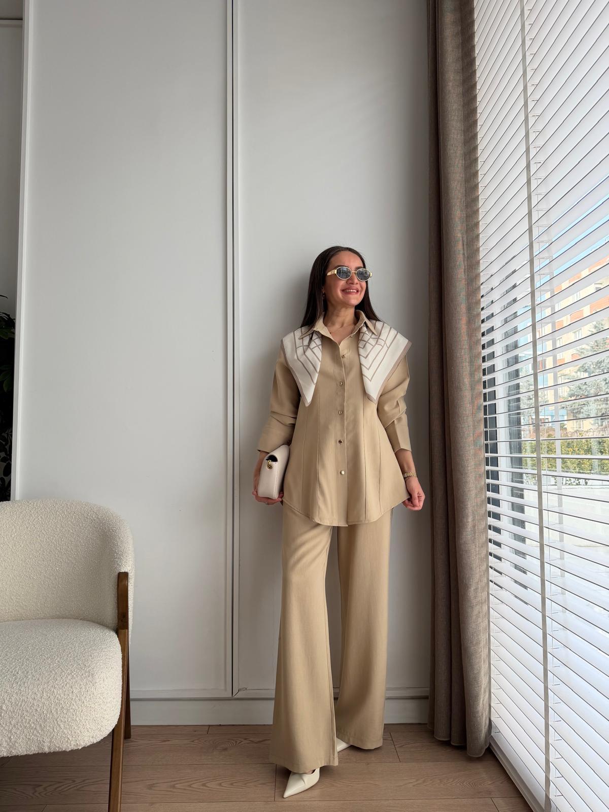 Bej Slimfit Gömlek Pantolon Takım 8872