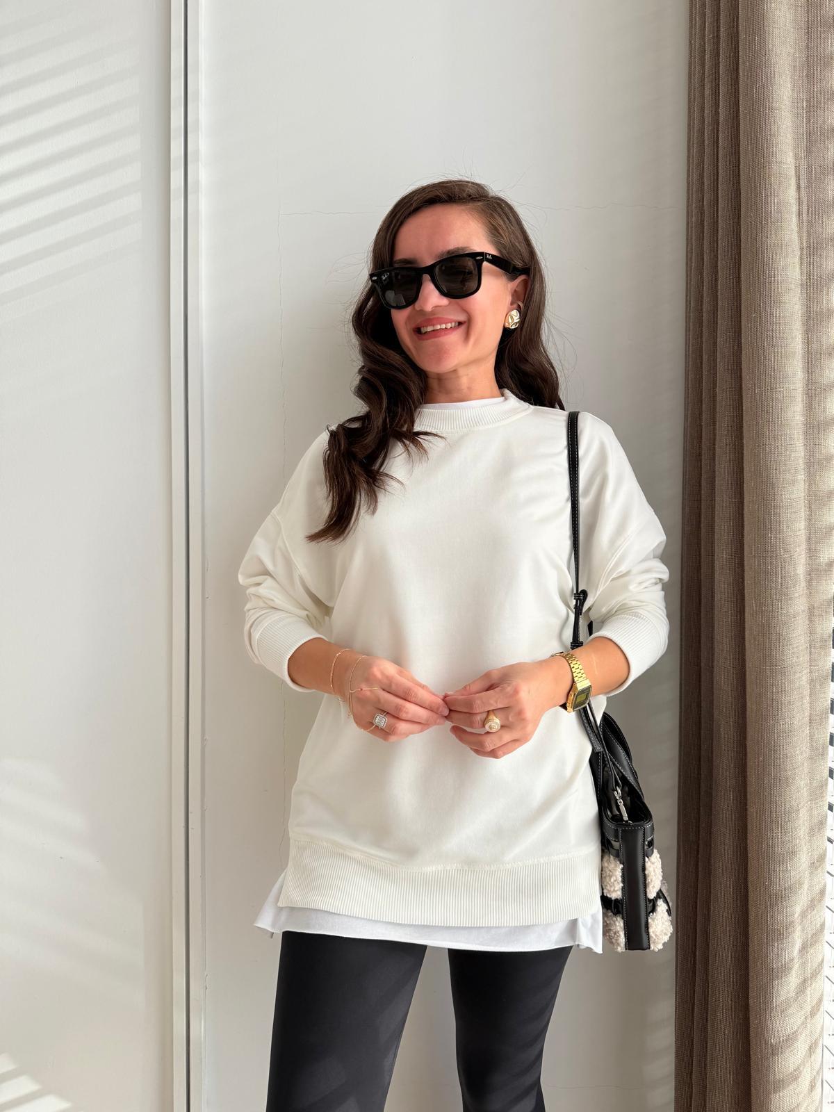 Beyaz Basic İki İplik Sweatshirt 9002