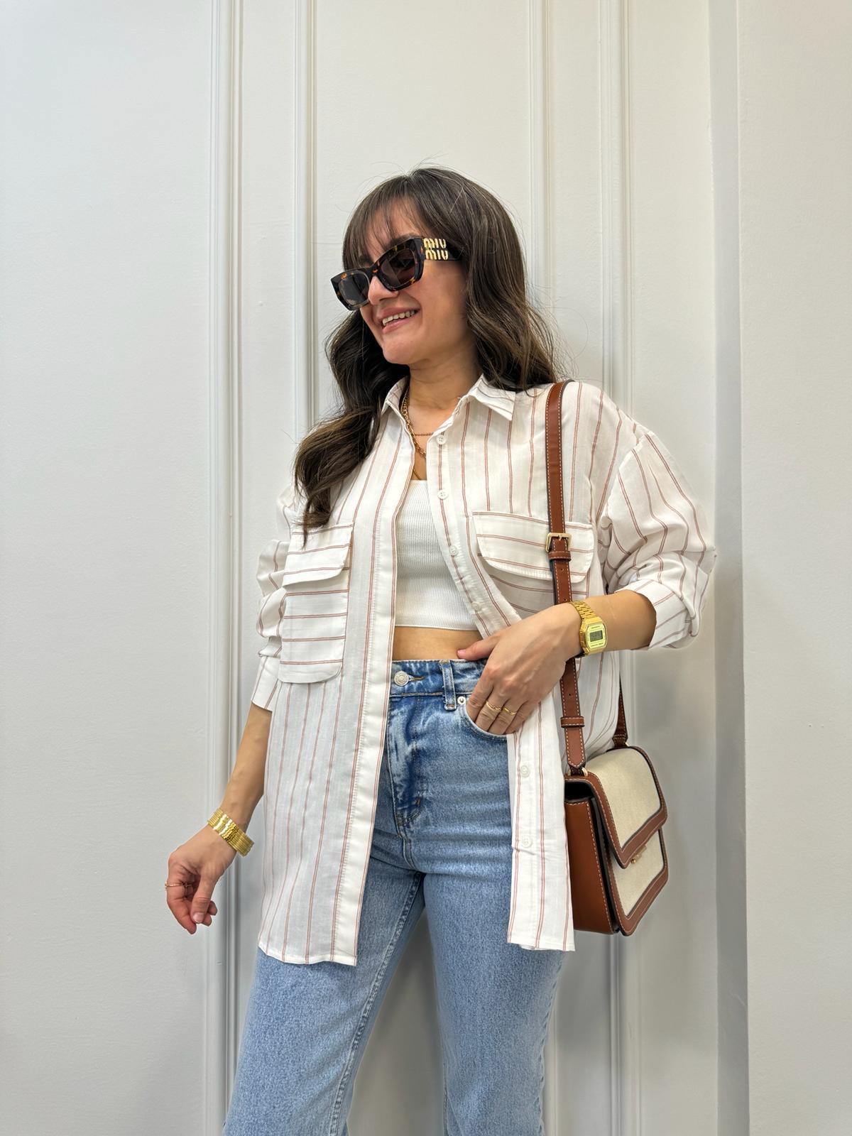 Beyaz Bej Çizgili Ön Cepli Oversize Gömlek 6047