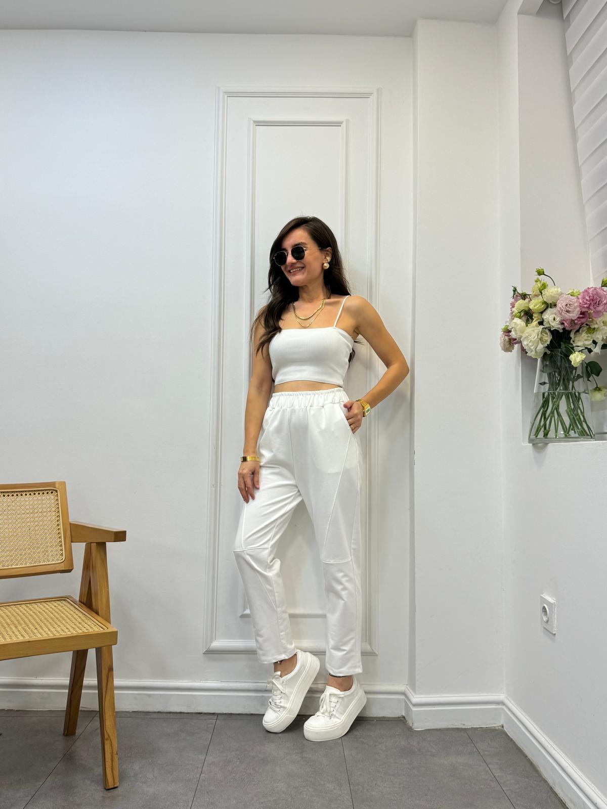 Beyaz Bel Lastikli Dikiş Detaylı Jogger Pantolon 29019