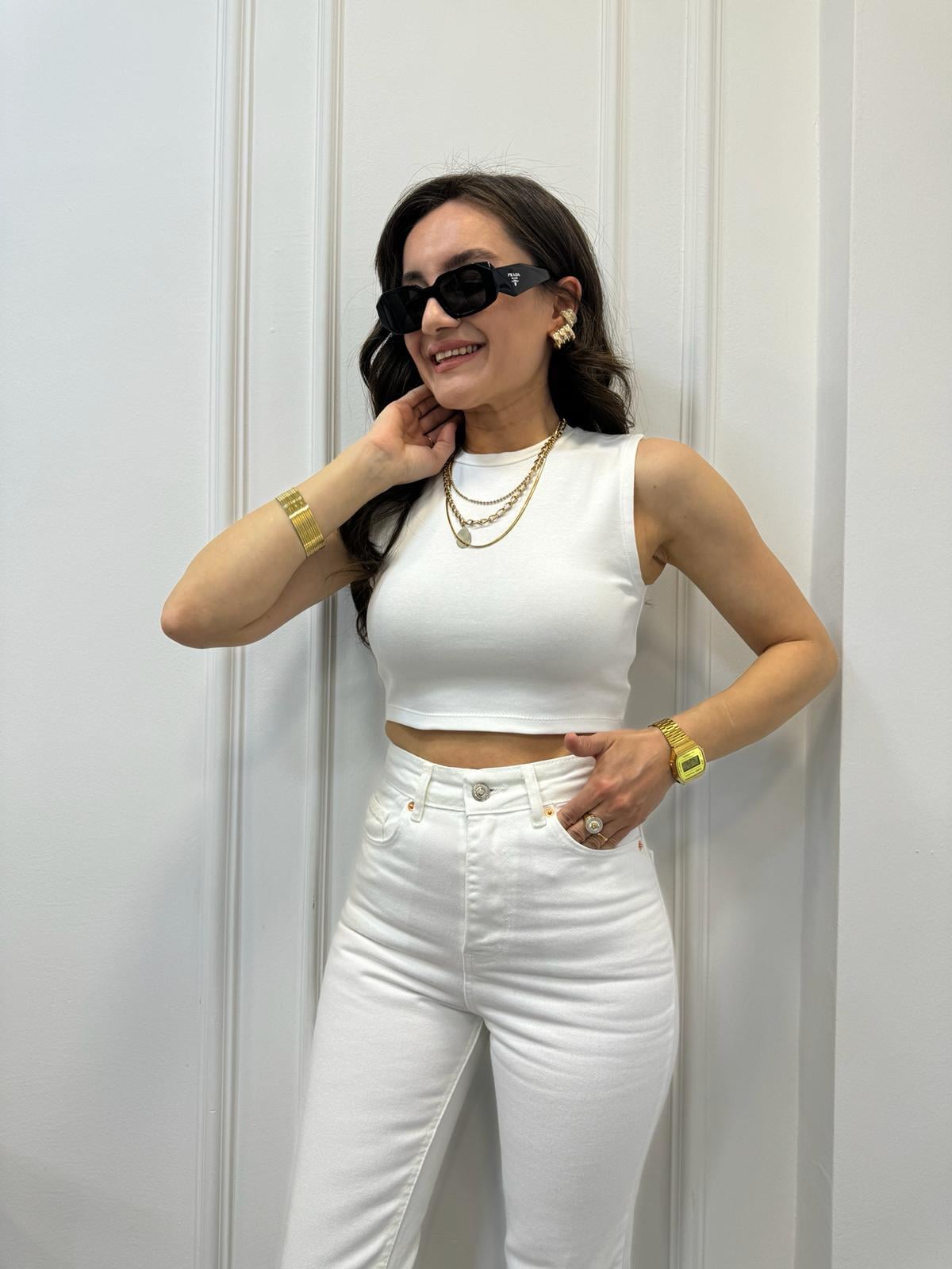 Beyaz Bisiklet Yaka Ribana Crop 7415