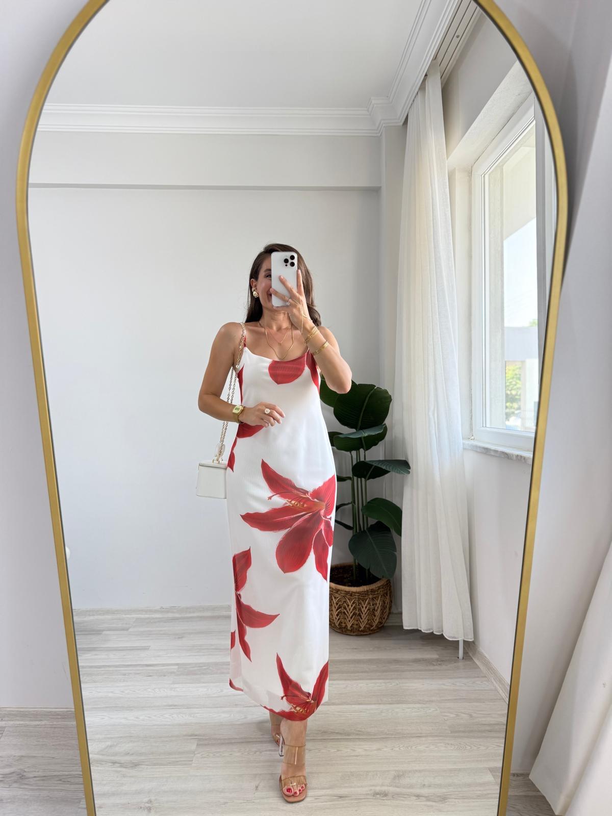 Beyaz Çiçek Desenli Askılı Tül Elbise 251084