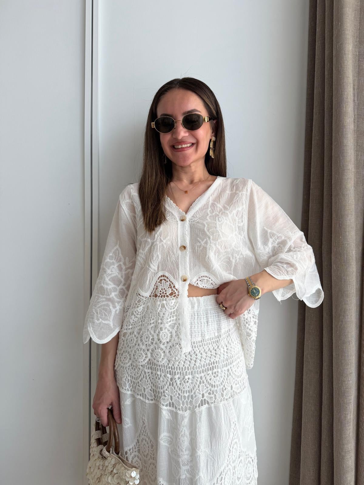 Beyaz Dantel Detaylı Kısa Kimono 38405