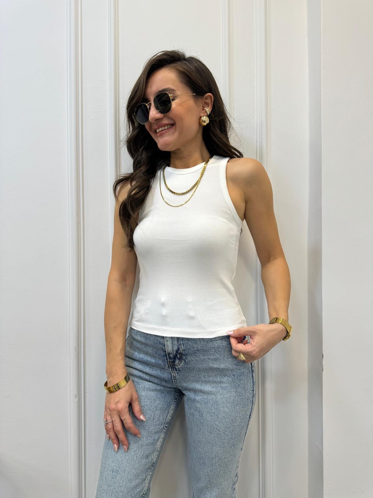 Beyaz Halter Yaka Fitilli Atlet 3128