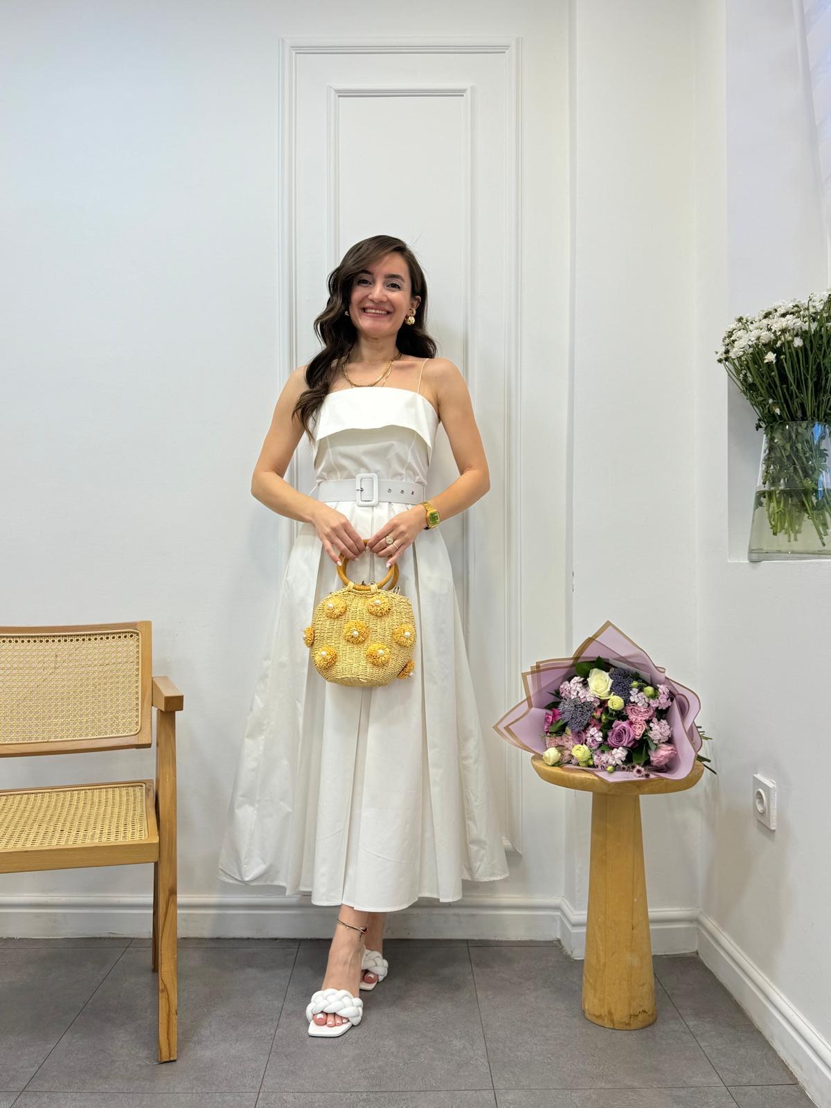 Beyaz İnce Askılı Poplin Kumaş Kemerli Elbise 3964