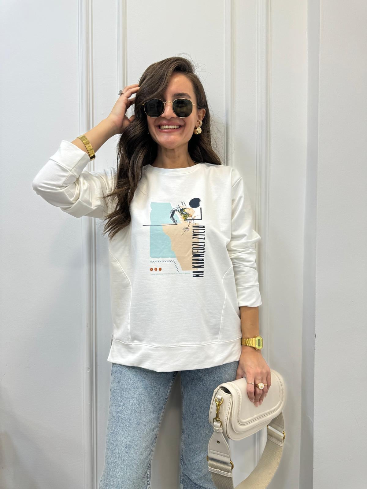 Beyaz Ön Baskılı Sweatshırt 28980