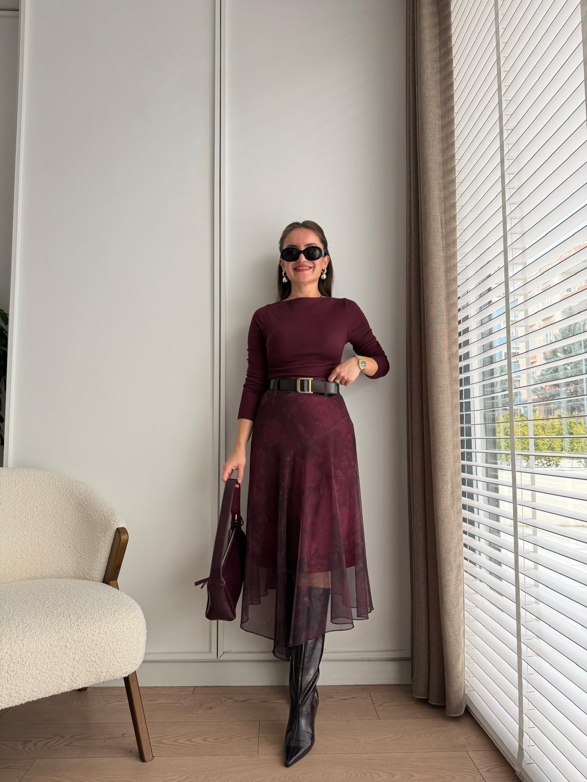 Bordo Astarlı Kemerli Tül Etek 251130