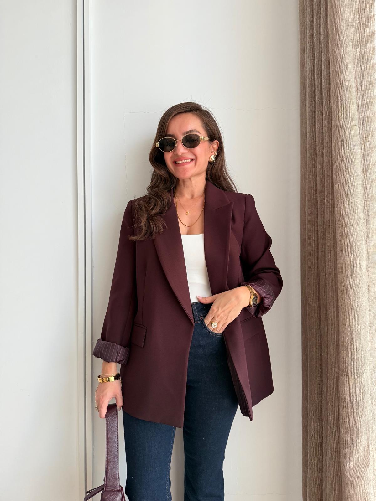Bordo Astarlı Keten Blazer Ceket 7560