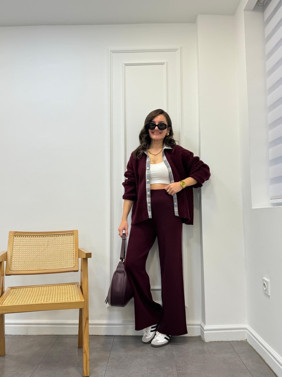 Bordo Beli Lastikli Salaş Triko Pantolon 5254