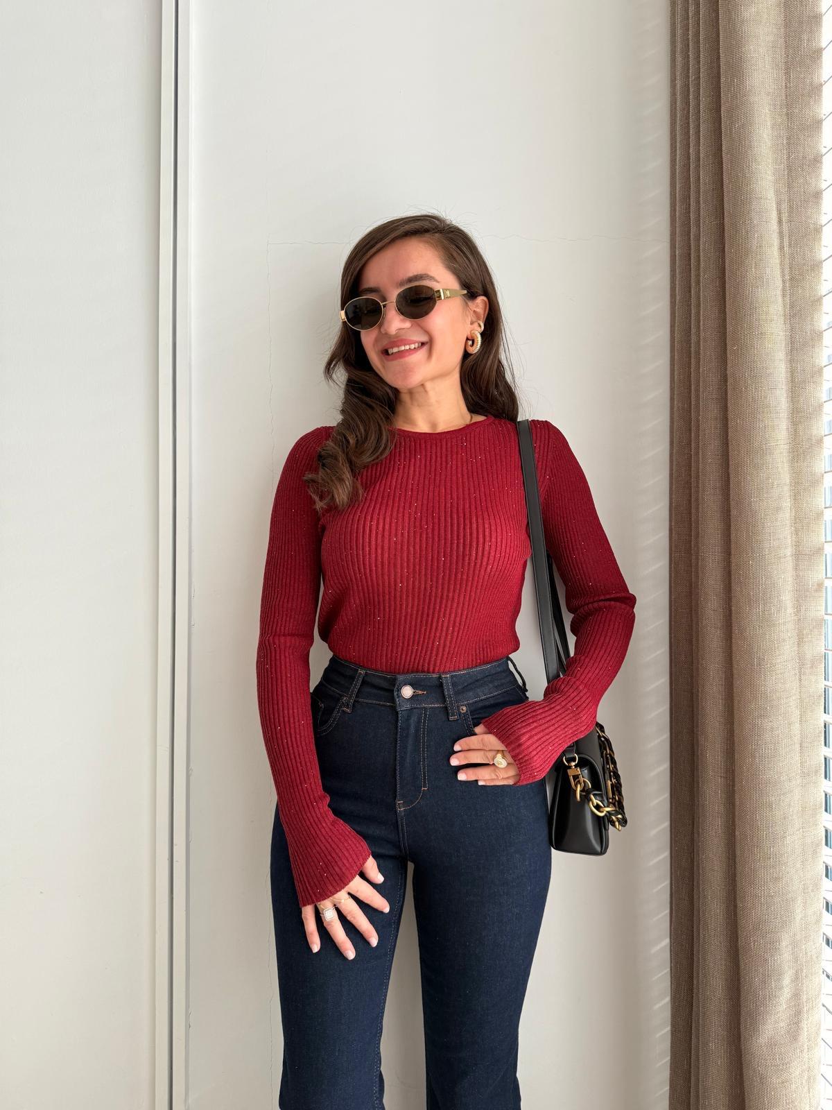 Bordo Bisiklet Yaka Pul Detaylı Fitilli Bluz 4798