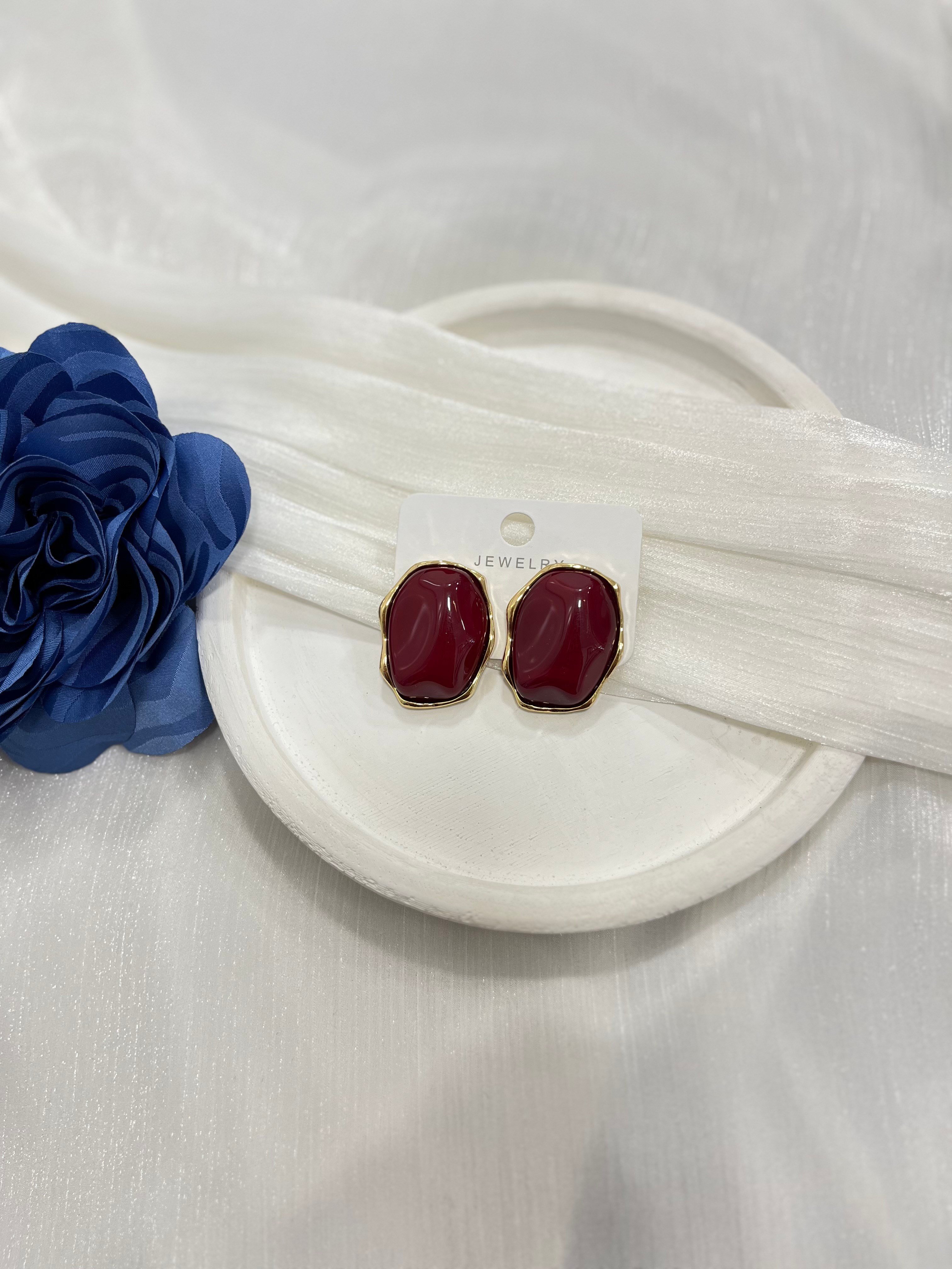 Bordo Çerçeve Detaylı Doğal Taş Küpe KP39