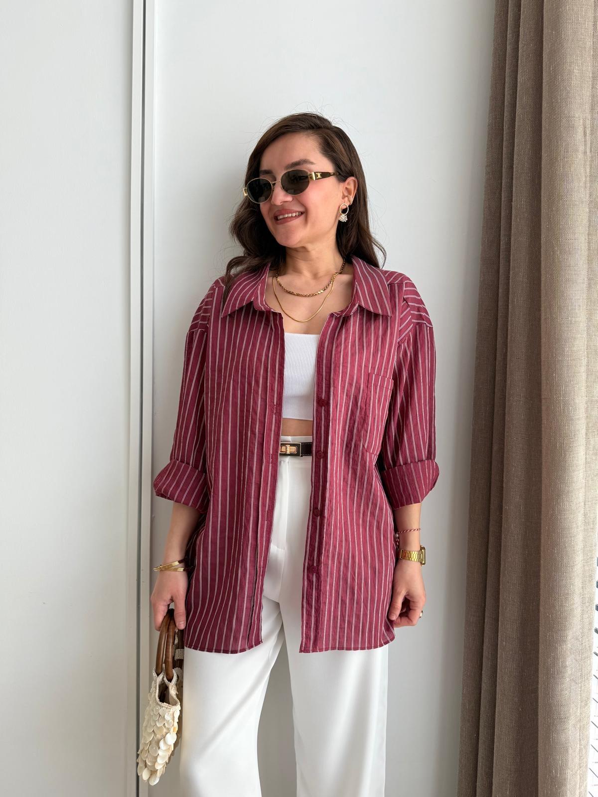 Bordo Çizgili Oversize Gömlek 5320