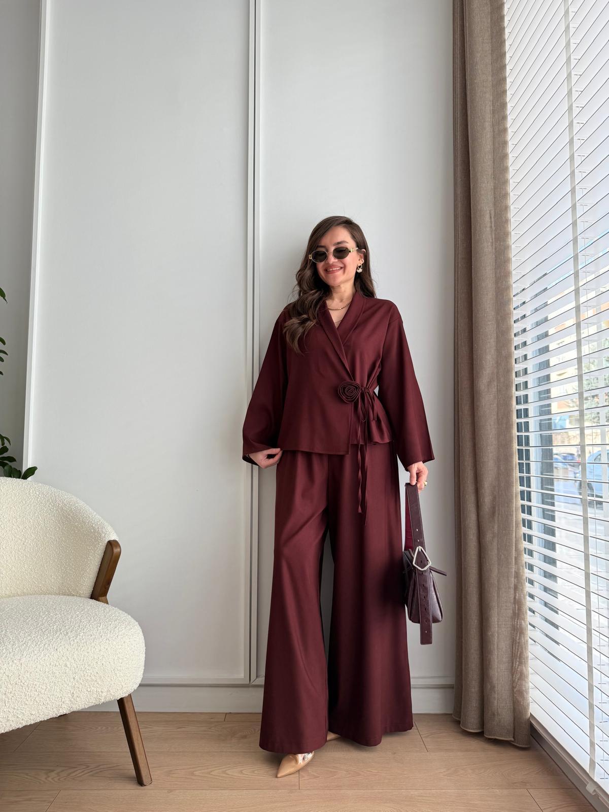 Bordo Gül Detaylı Kimono Takım 8637