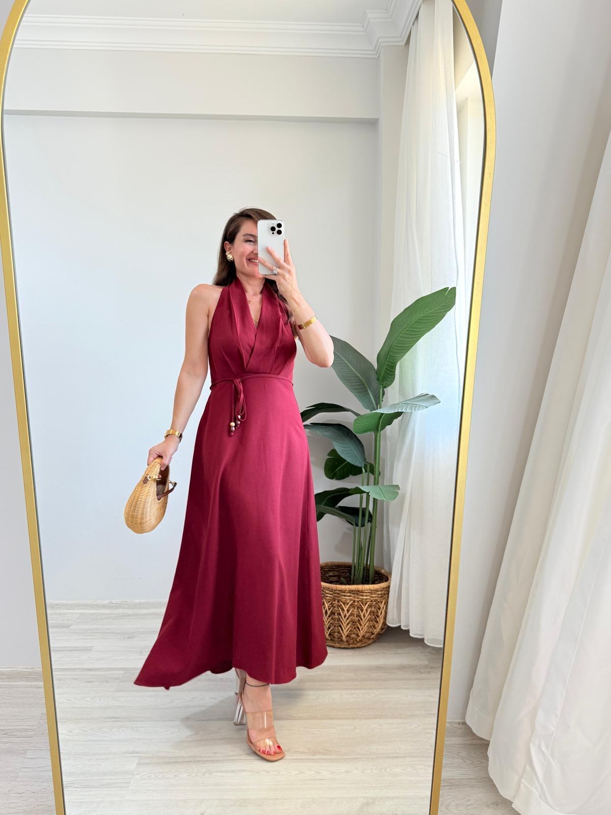 Bordo Halter Yaka Sırt Dekolteli Keten Elbise 0201