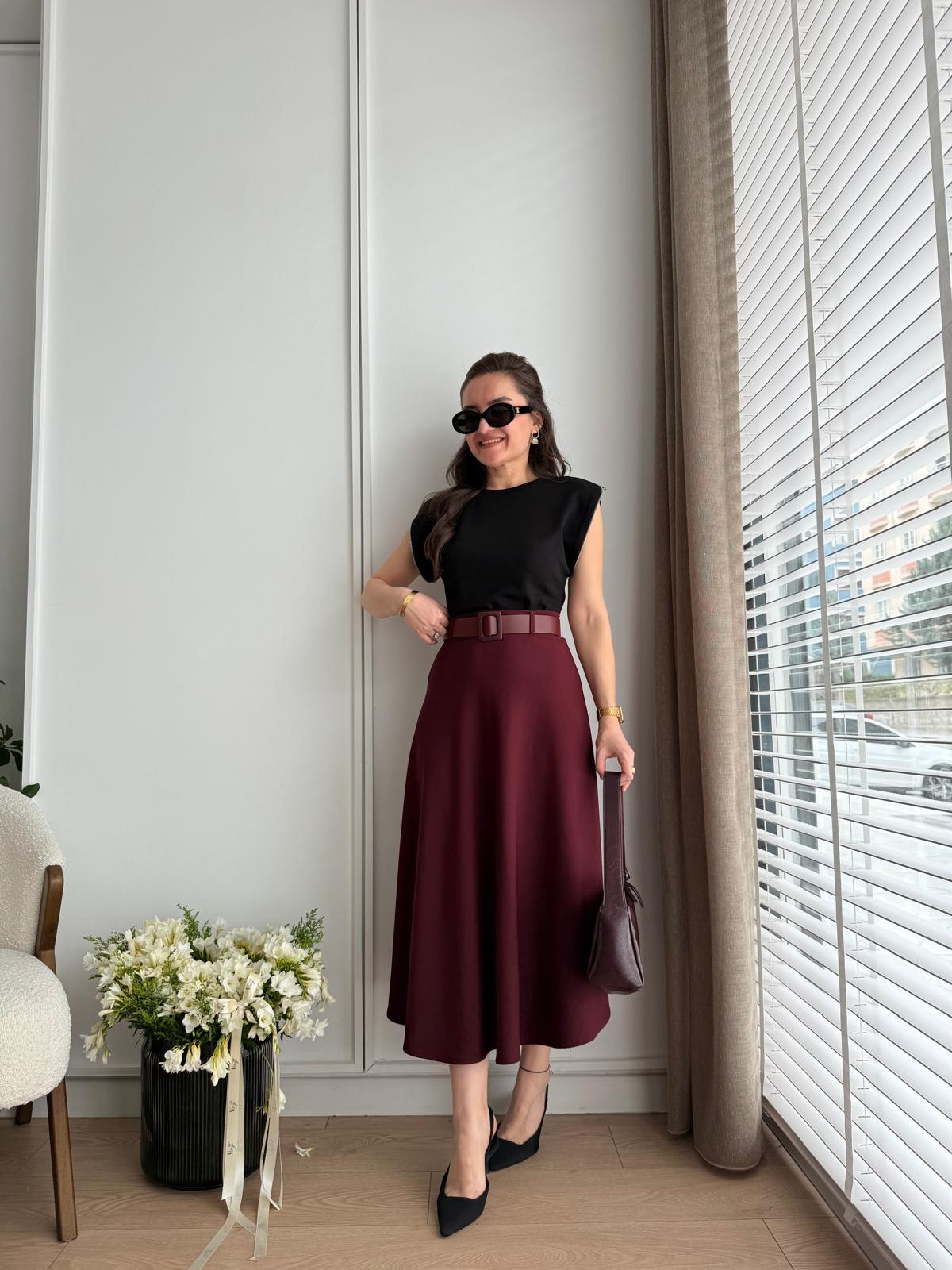 Bordo Kemerli Midi Boy Kloş Etek 7160