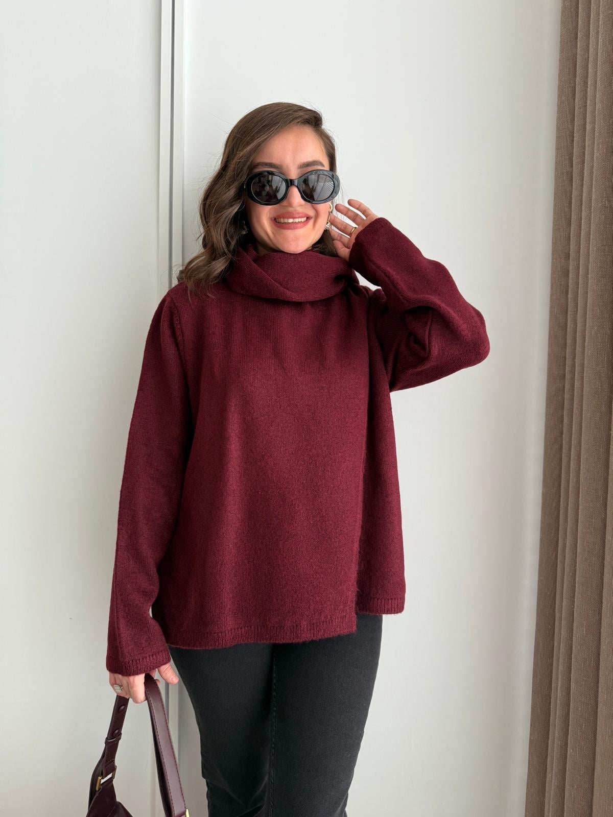 Bordo Kendinden Şallı Triko Kazak 241240