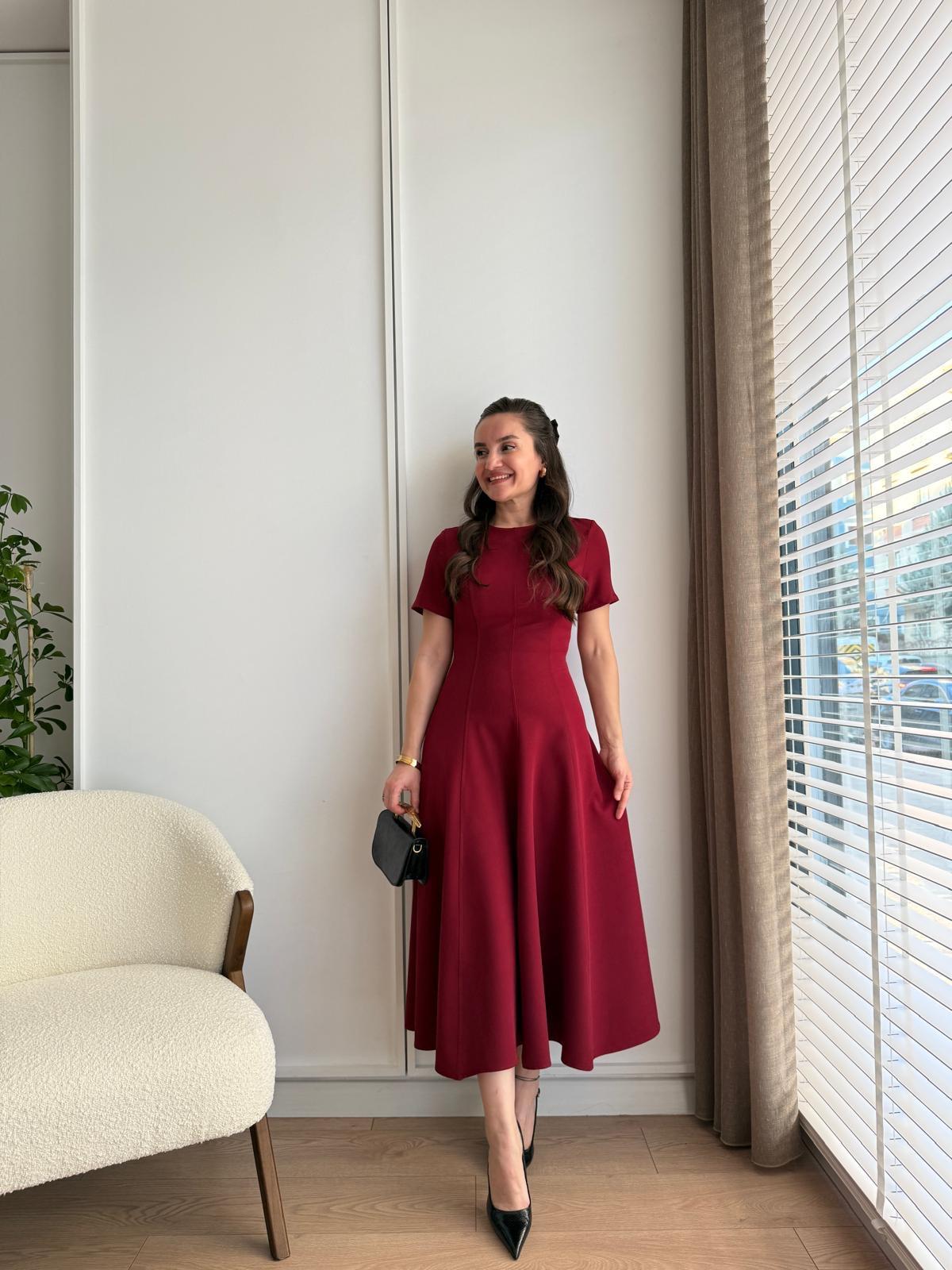 Bordo Kısa Kol Midi Boy Kloş Elbise 1273