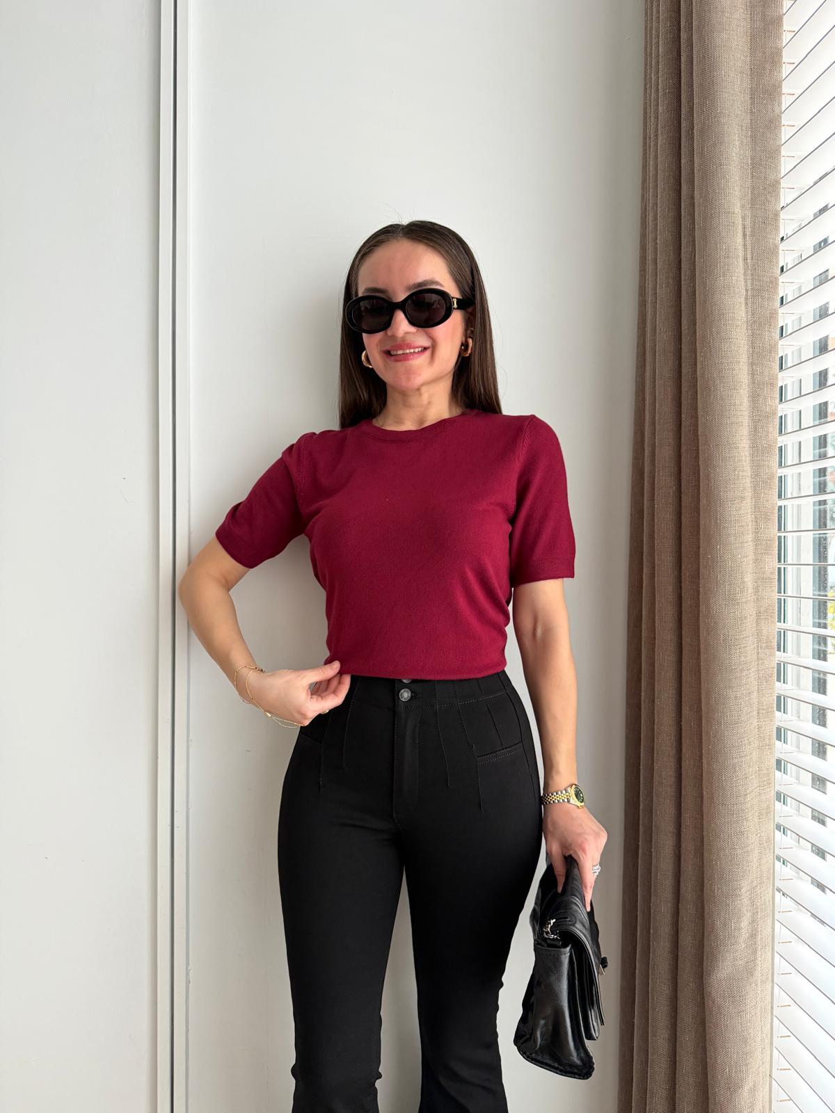 Bordo Kısa Kollu Basic Triko Bluz 10779