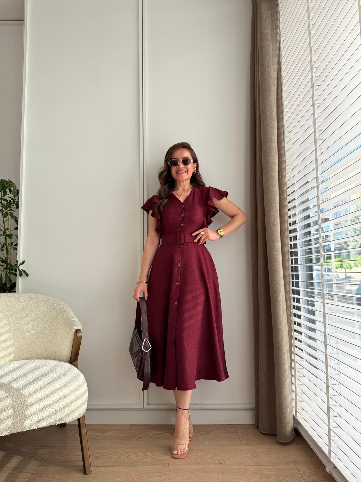 Bordo Kolları Fırfır Detaylı Kemerli Midi Boy Elbise 5154
