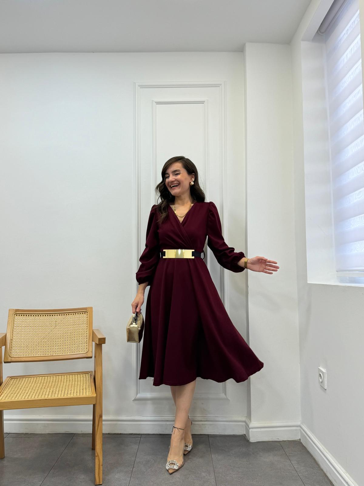 Bordo Kolu Dikişli Kemerli Çan Elbise 1128
