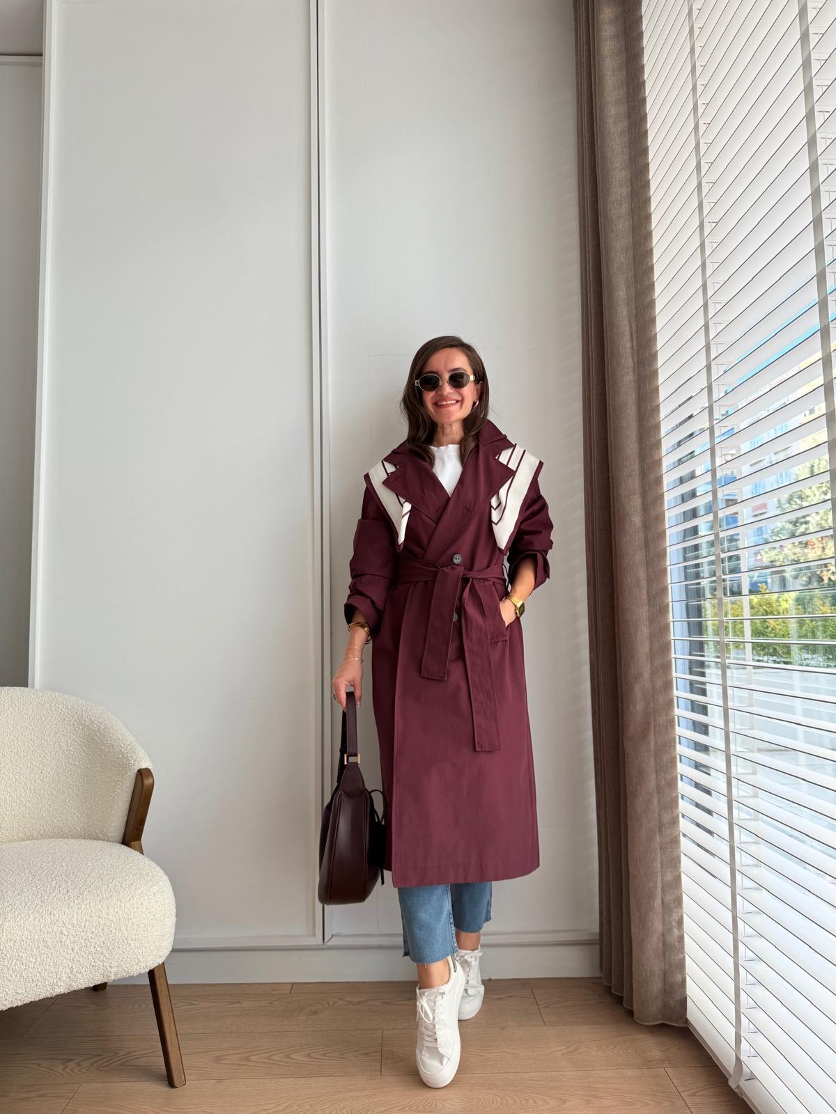 Bordo Lüx Kalite Fularlı Uzun Trençkot 7535