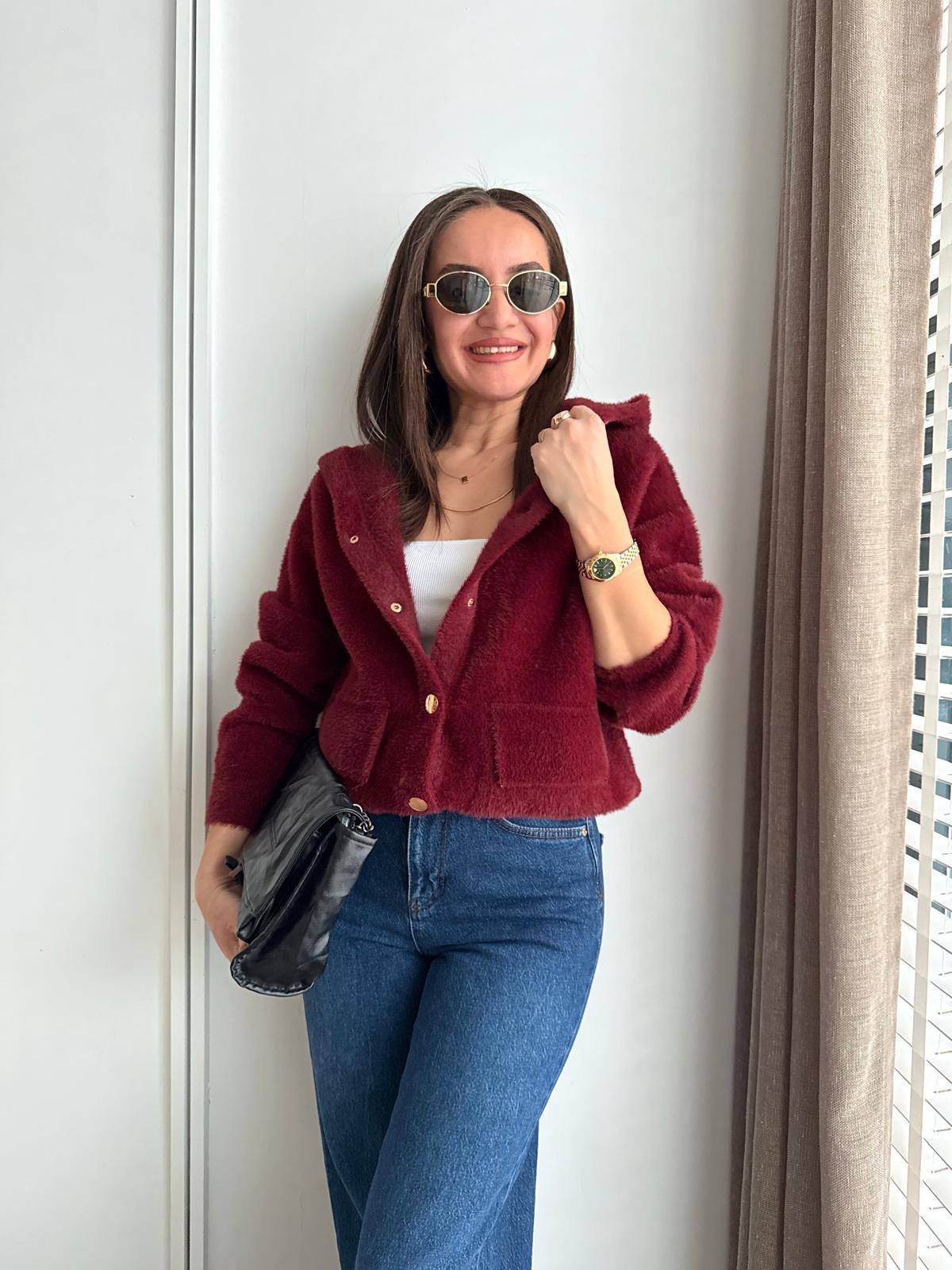 Bordo Lüx Kalite Gold Düğmeli Kapüşonlu Triko Ceket 24400