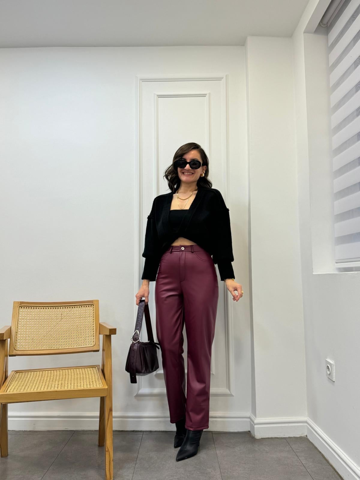 Bordo Marka Model Yüksek Bel Şardonlu Deri Pantolon 2709