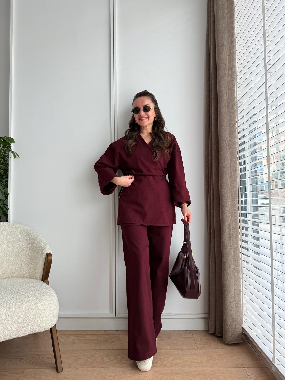 Bordo Ön Bağlama Gabardin Kimono Takım 8629