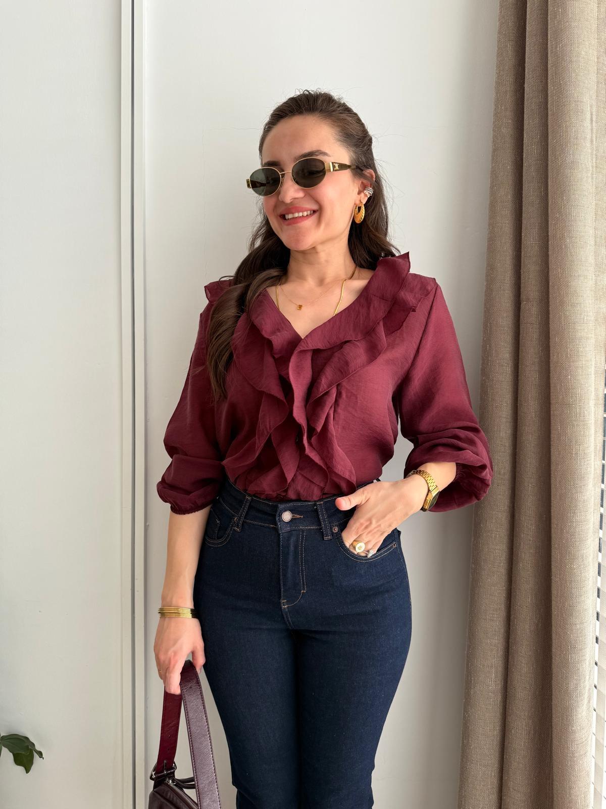 Bordo Önü Düğmeli Volanlı Gömlek 36234