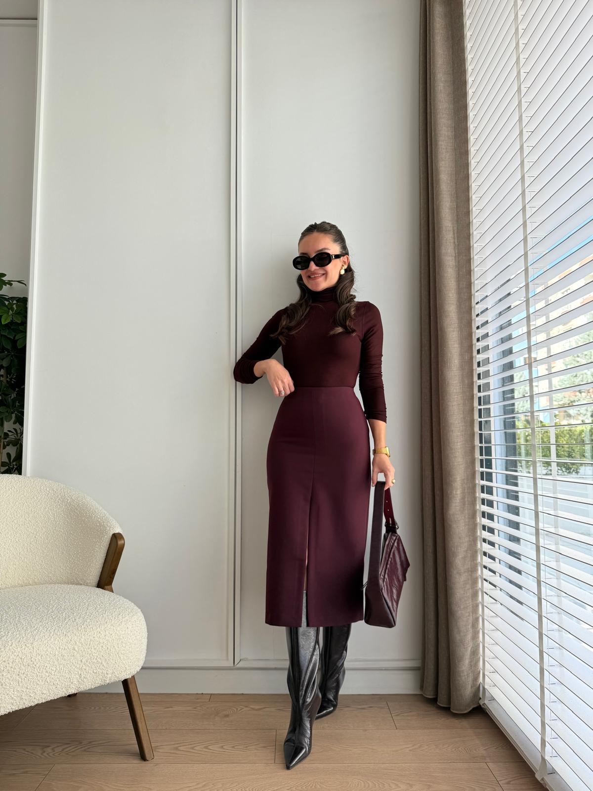 Bordo Önü Yırtmaç Detaylı Kalem Etek 4866