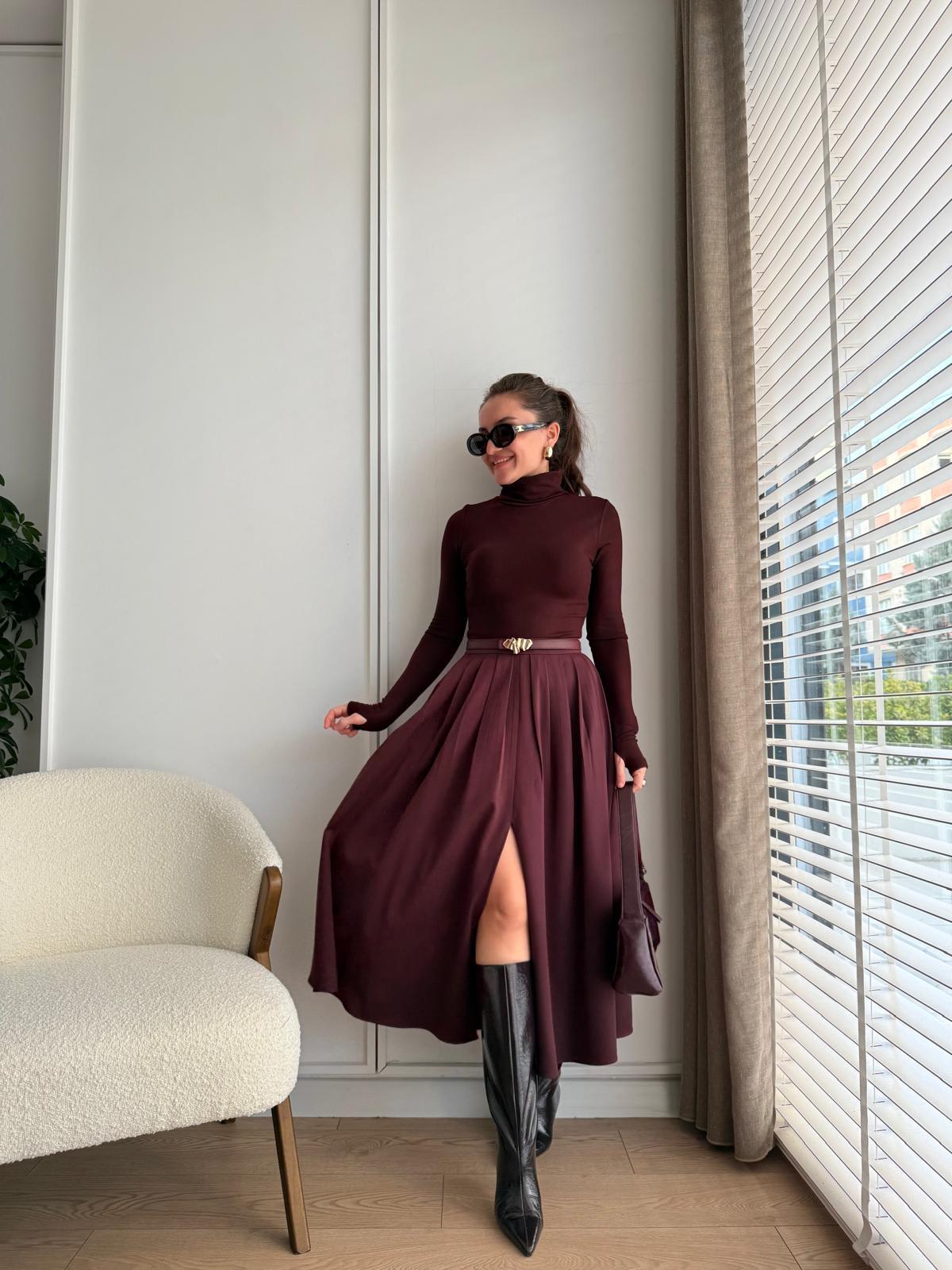 Bordo Pile Detay Yırtmaçlı Balon Etek 16888