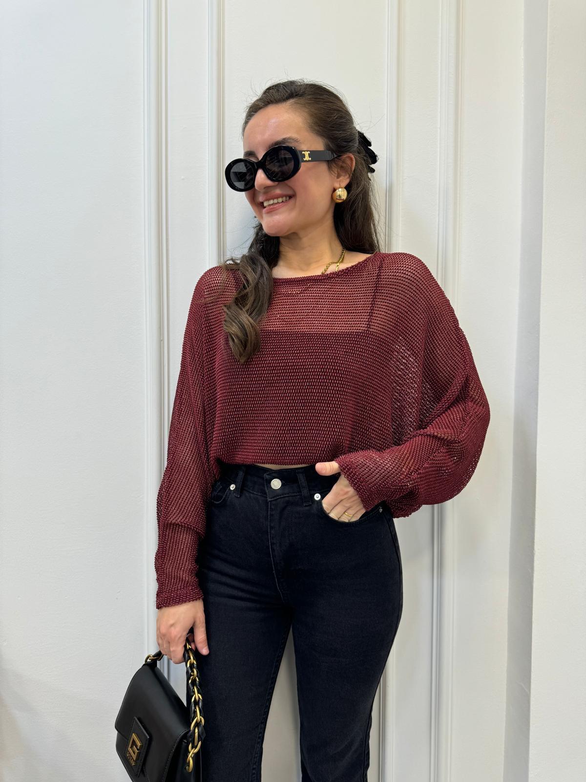 Bordo Sim Geçişli File Bluz 28432