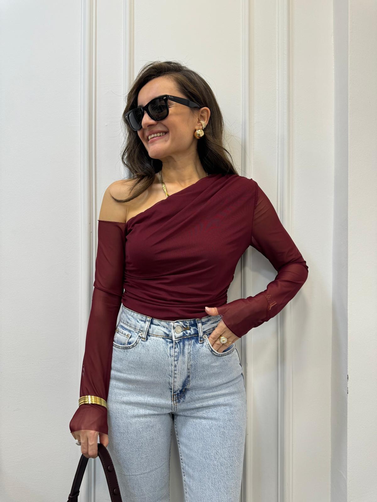 Bordo Tek Omuz Detaylı Yan Drapeli Tül Crop 3322
