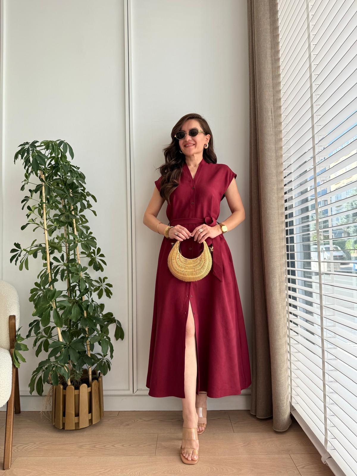 Bordo V Yaka Kuşaklı Gömlek Elbise 791