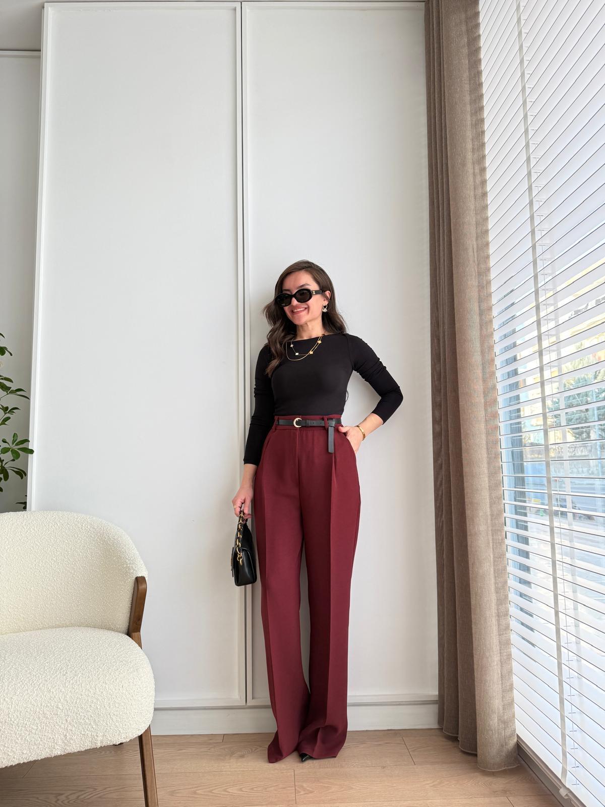 Bordo Yüksek Bel Palazzo Pantolon 3718