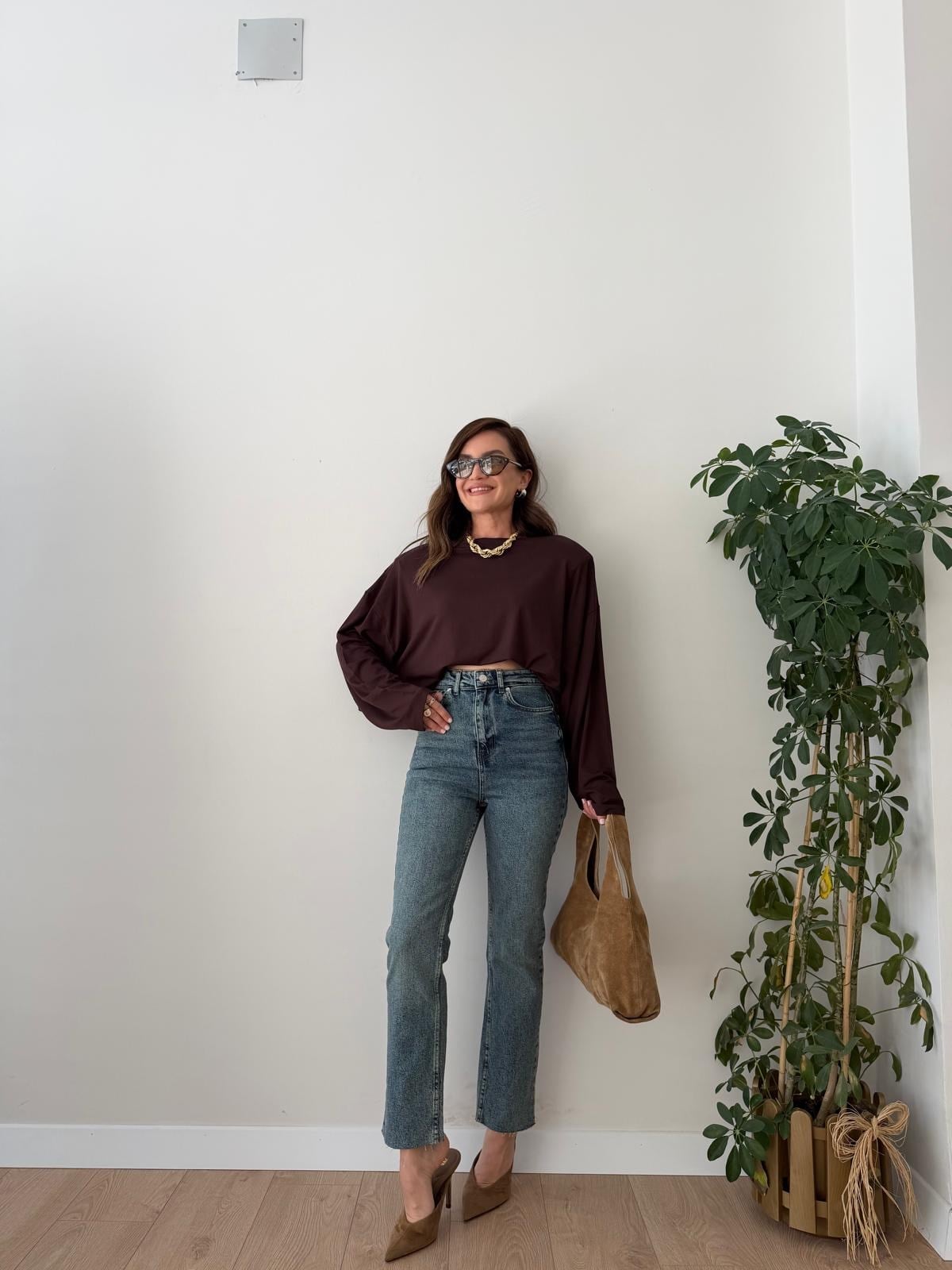 Buz yeşili Yüksek Bel Paçası Kesik Mom Jean 0520